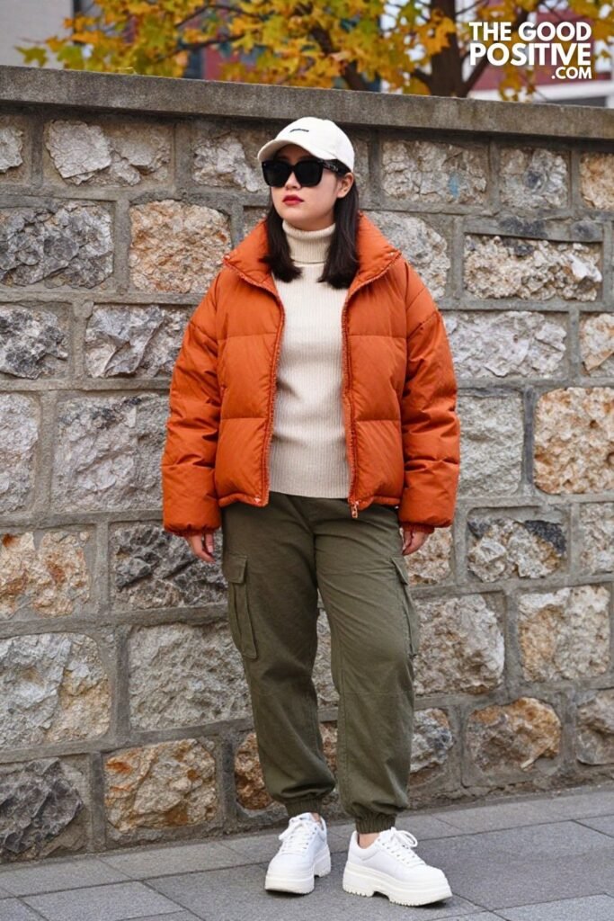 Burnt Orange Puffer Jacket, Cream Ribbed Turtleneck, Cargo Pants, and Chunky Sneakers