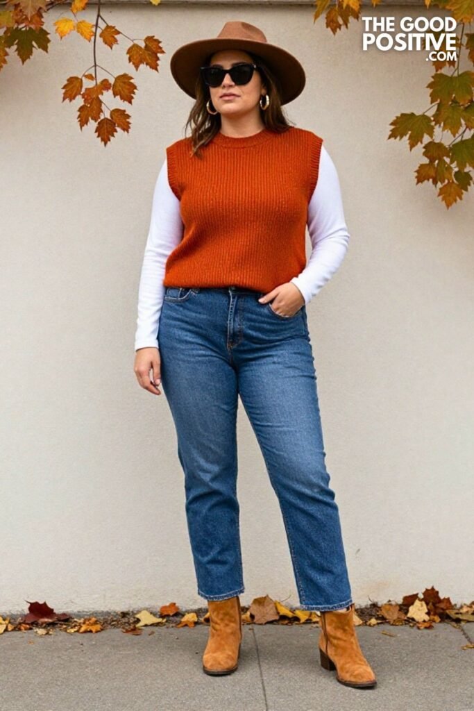 Burnt Orange Sweater Vest, White Long Sleeve, Straight Leg Jeans, Ankle Boots
