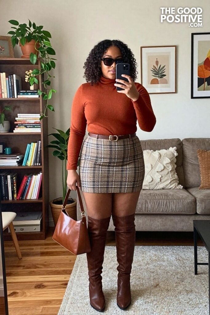 Burnt Terracotta Turtleneck, Plaid Mini Skirt, and Over the Knee Boots