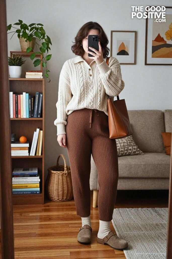 Cable Knit Polo Sweater with Pleated Knit Trousers and Clog Mules