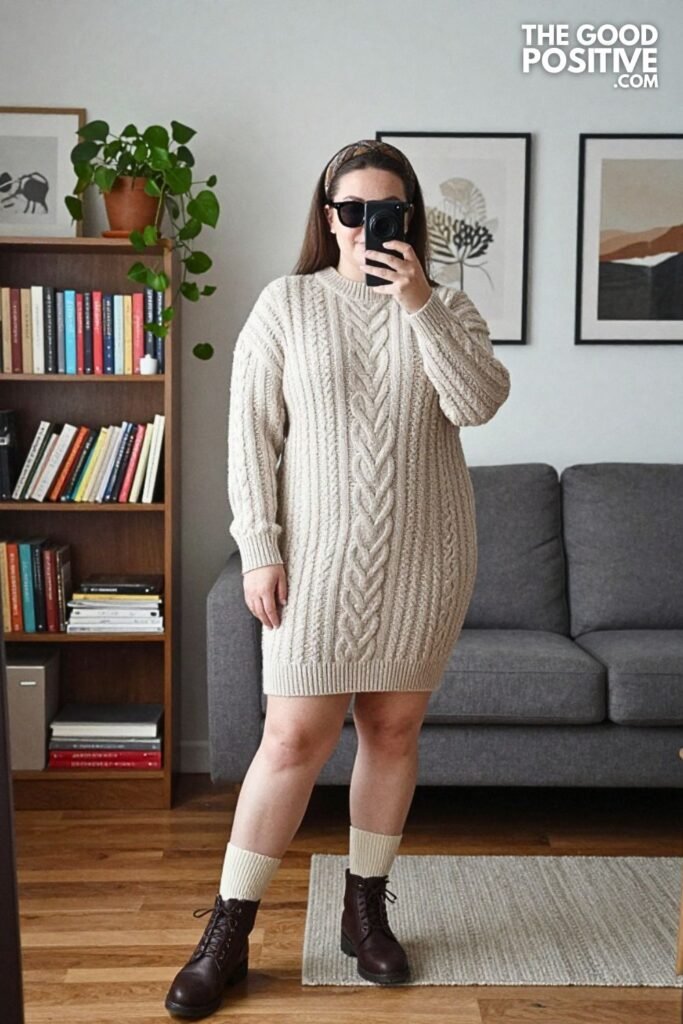 Cable Knit Sweater Dress, Over-Knee Socks and Ankle Boots