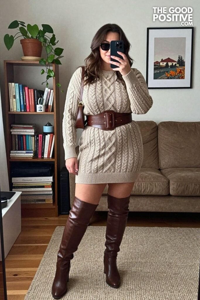 Cable Knit Sweater Dress and Over the Knee Boots