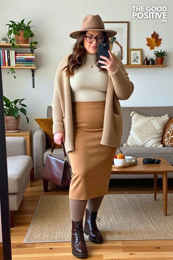 Camel A-Line Midi Skirt with Shawl Collar Cardigan and Lace-Up Boots