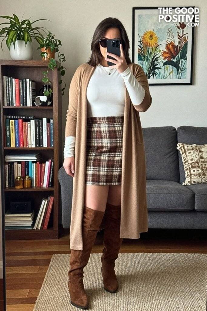 Camel Longline Cardigan With Plaid Mini Skirt and Over-the-Knee Boots