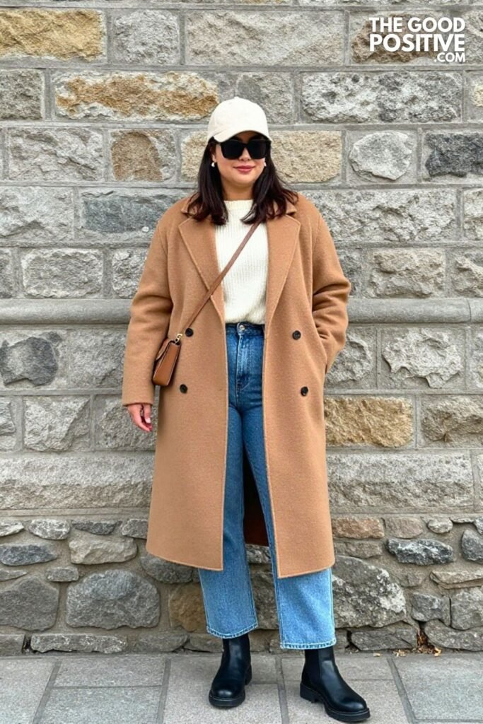 Camel Longline Coat, Cream Knit Sweater, Straight Leg Jeans, and Chelsea Boots