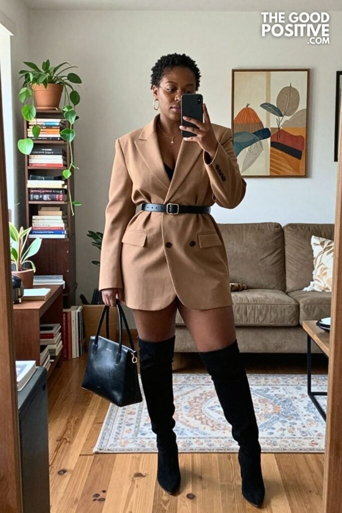 Camel Oversized Blazer Dress, Knee High Boots, and Gold Hoops