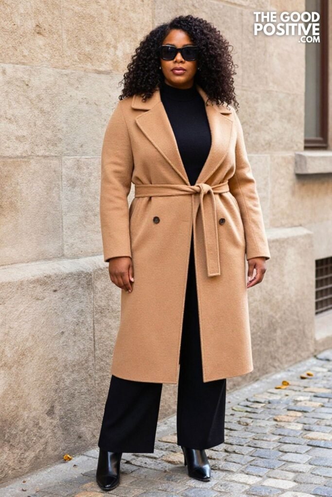 Camel Wrap Coat, Black Flared Trousers, Fitted Mock Neck