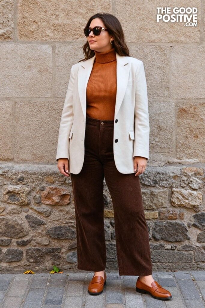 Caramel Turtleneck, Wide-Leg Corduroy Pants, Cognac Loafers