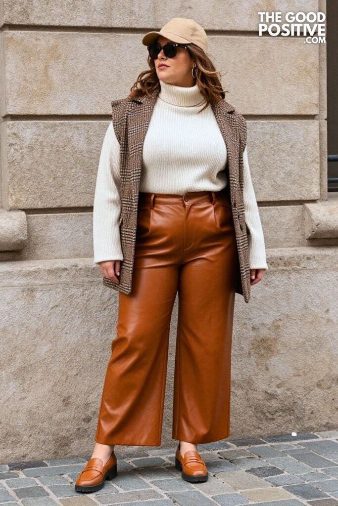 Caramel Leather Trousers, Oversized Ribbed Turtleneck, Shacket