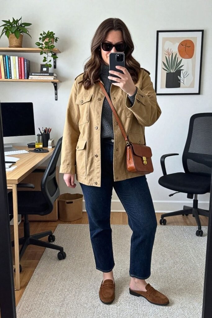 Barn Jacket Over a Knit with Dark Denim