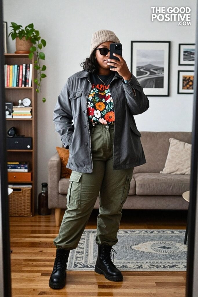 Charcoal Barn Jacket, Graphic Tee, Cargo Pants, and Combat Boots