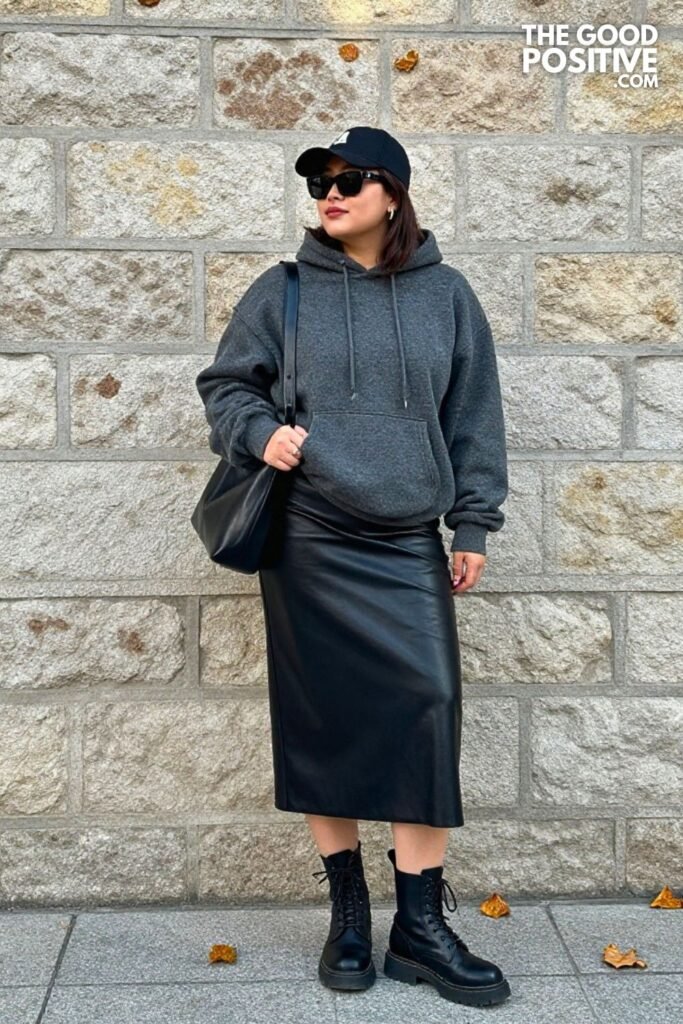 Charcoal Gray Oversized Hoodie, Leather Midi Skirt, and Combat Boots