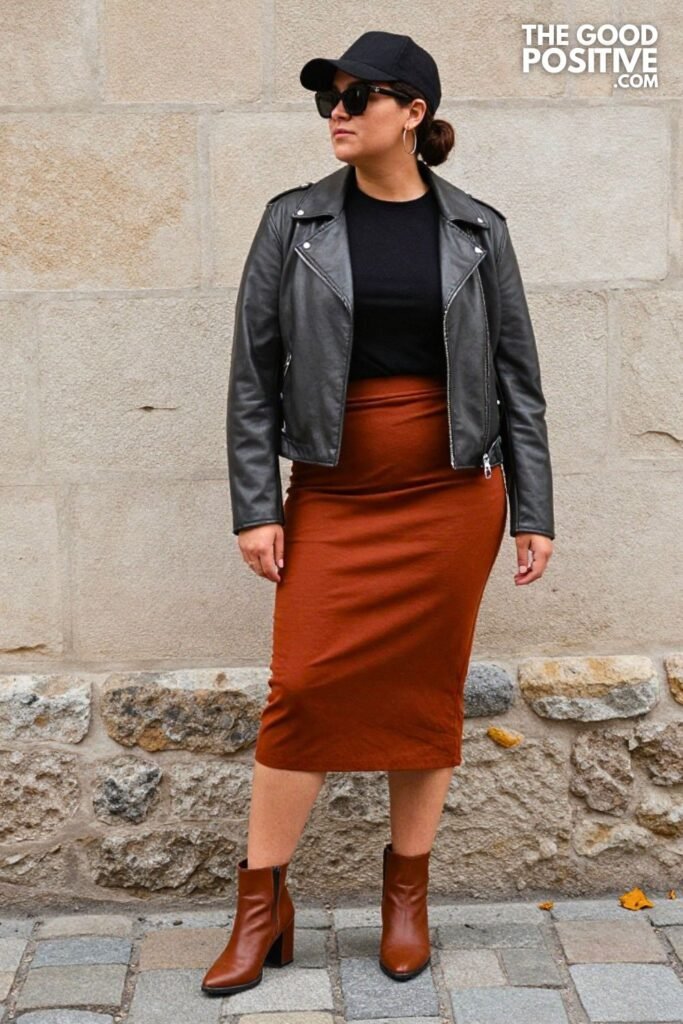 Charcoal Moto Jacket, Rust Slip Midi Skirt, Block Heel Boots