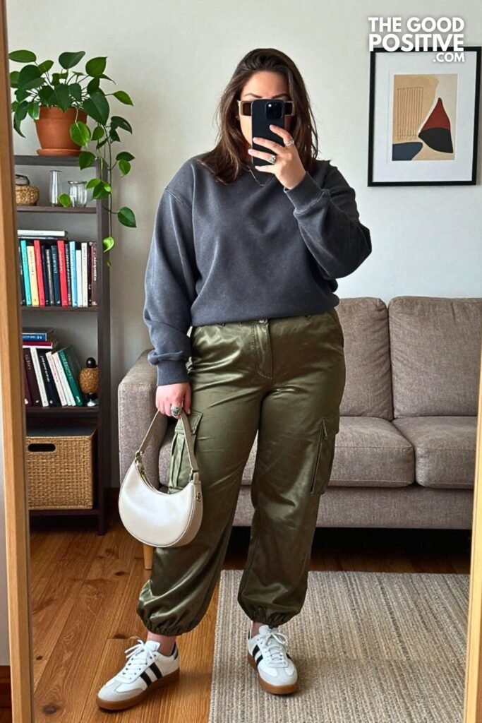 Charcoal Rugby Sweatshirt with Olive Satin Cargo Trousers