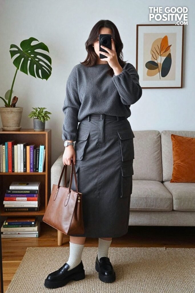 Charcoal Utility Midi Skirt with Funnel Neck Fleece and Lug Loafers