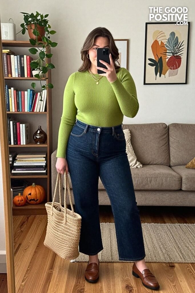 Chartreuse Knit Top, Denim, and Loafers