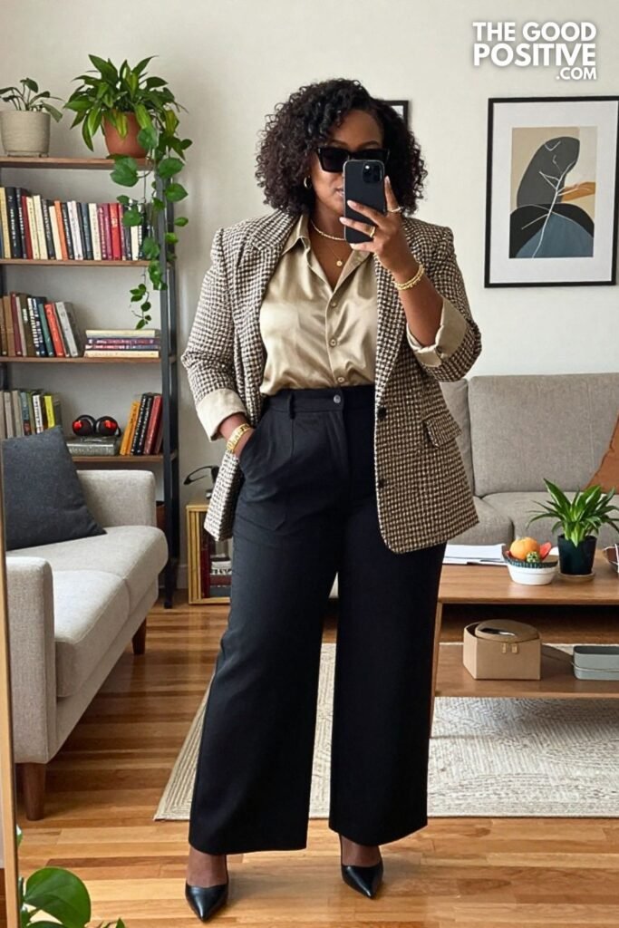 Chartreuse Silk Blouse, Houndstooth Blazer, and Wide Leg Trousers