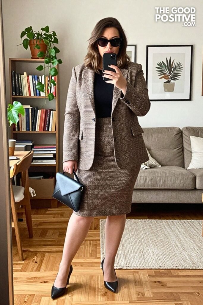 Checked Wool Skirt Suit with Belted Jacket