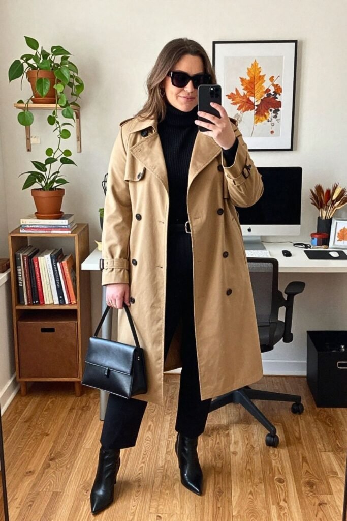 Turtleneck Layered Under a Cropped Trench