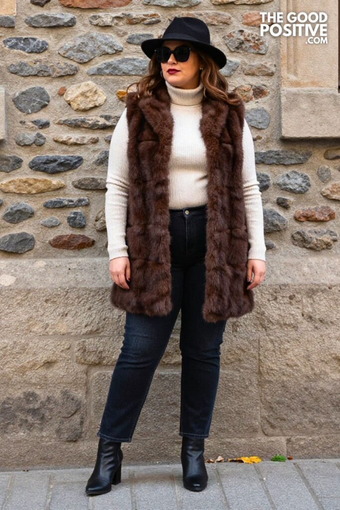 Chocolate Brown Faux-Fur Vest, Straight-Leg Jeans, Ribbed Turtleneck
