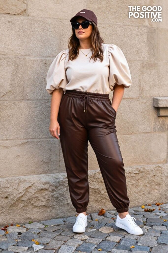 Chocolate Brown Leather Joggers, Cream Puff Sleeve Top, Sneaker Mules