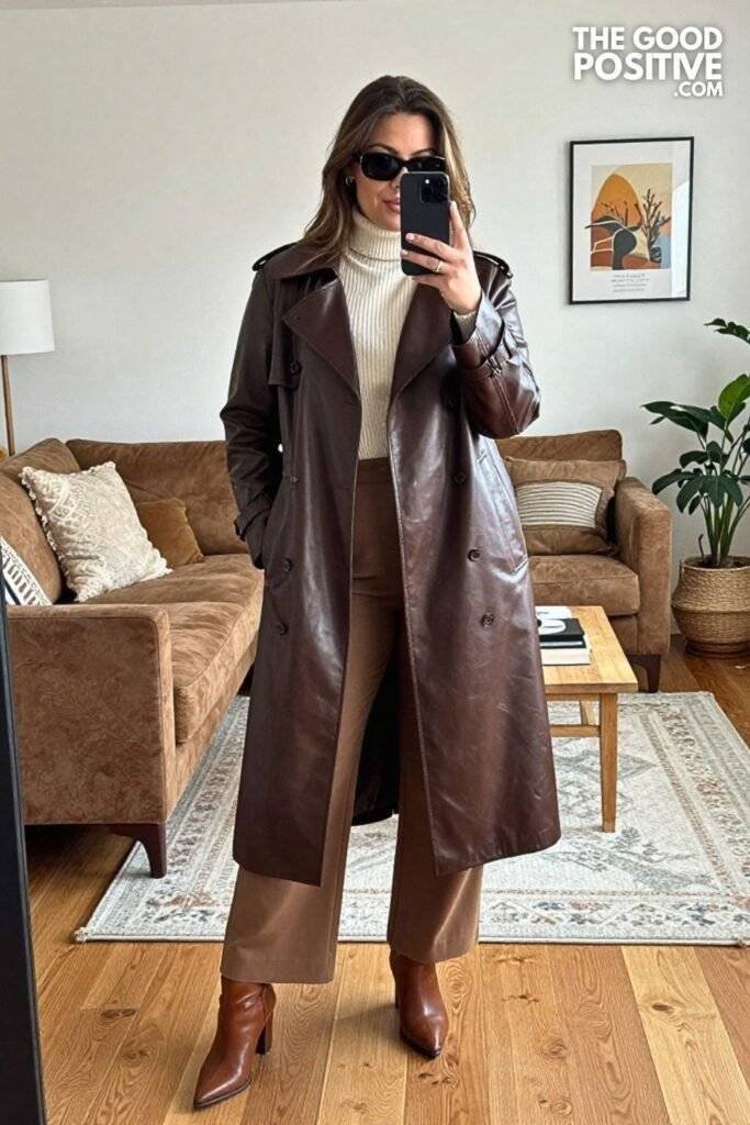 Chocolate Brown Leather Trench Coat With Ribbed Turtleneck and Wide-Leg Trousers