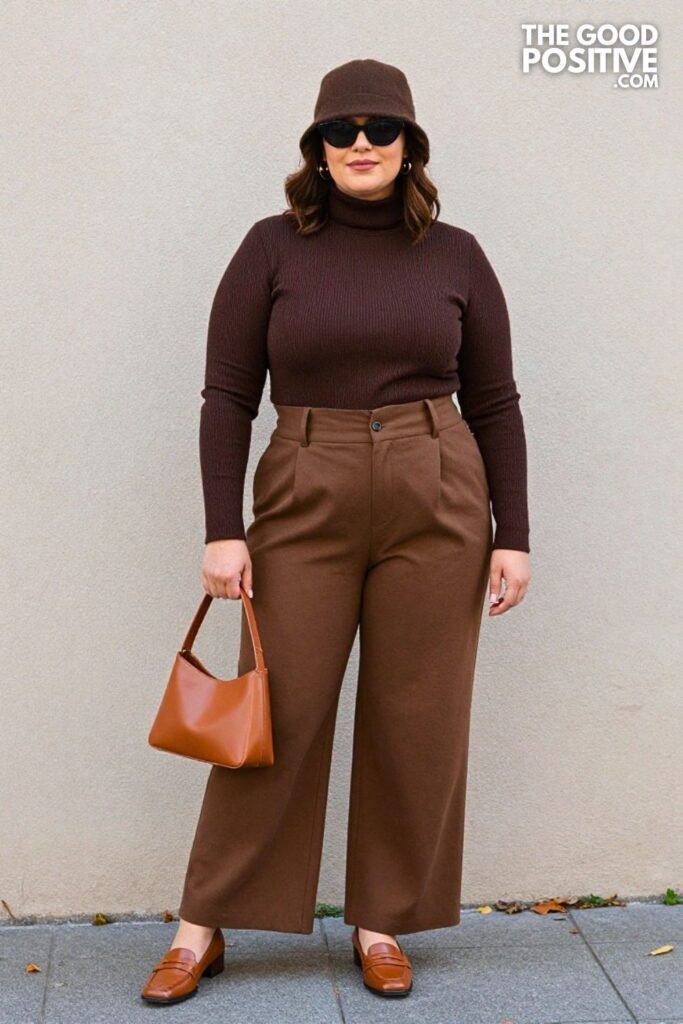 Chocolate Brown Ribbed Turtleneck, Tailored Wide-Leg Trousers, and Cognac Loafers