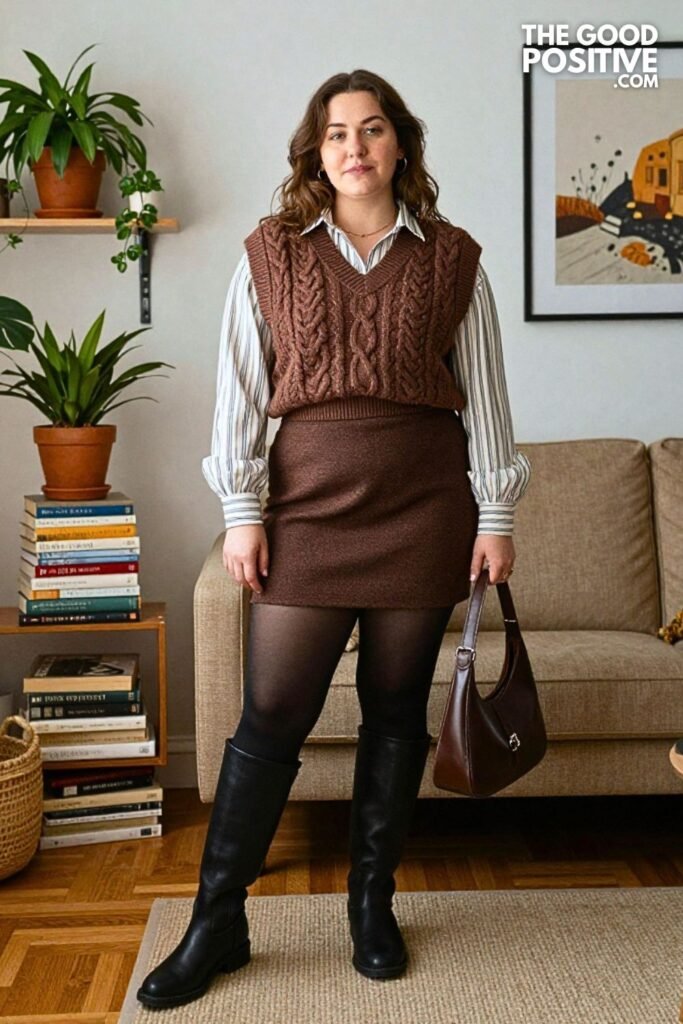 Chocolate Herringbone Mini Skirt with Cable Vest and Black Riding Boots