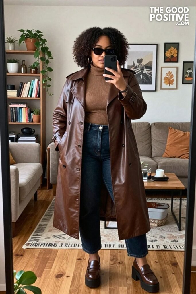 Chocolate Leather Trench, Barrel Jeans, and Chunky Loafers