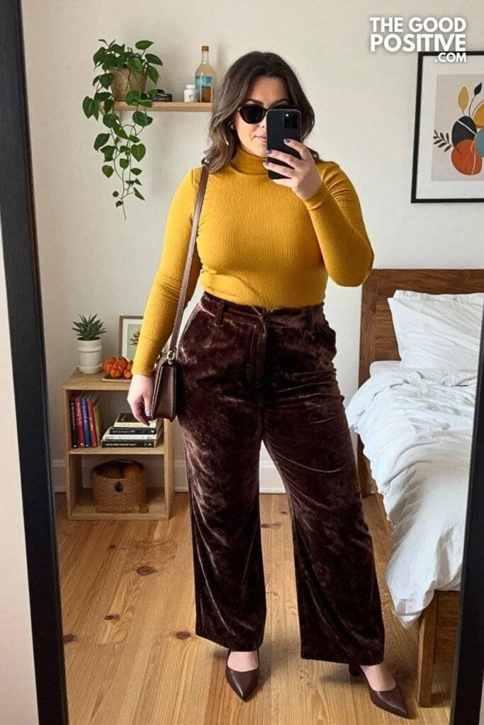 Chocolate Velvet Wide-Leg Pants With Fitted Turtleneck and Pointed Flats