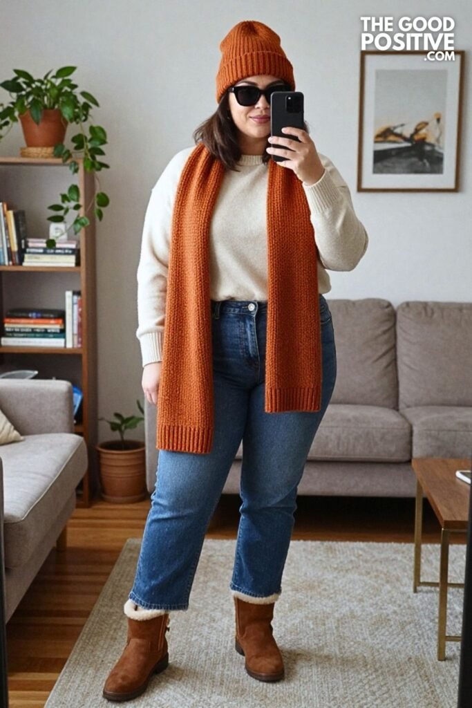 Chunky Scarf, Straight Jeans and Shearling Ankle Boots