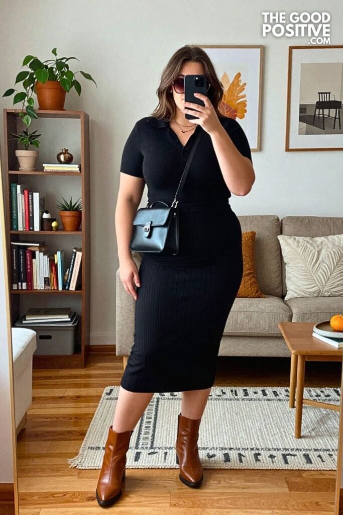 Black Knit Polo with Black Crinkle Midi Skirt