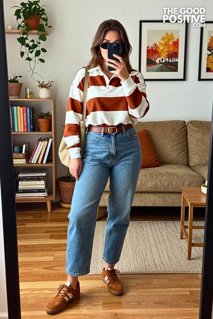 Cinnamon Rugby Polo with Ecru Barrel Jeans