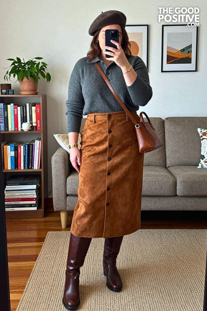 Cinnamon Suede Button-Front Skirt with Merino Polo Sweater and Tall Boots