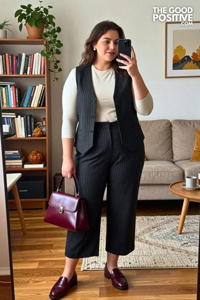 Clay Pinstripe Vest with Wide Cropped Trousers