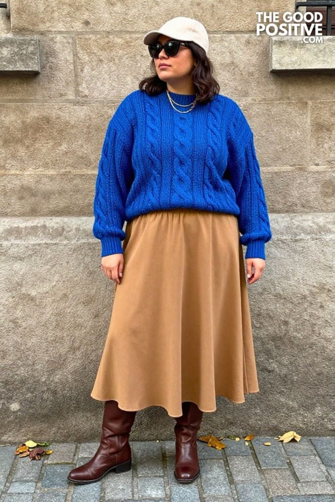 Cobalt Blue Knit Sweater, Camel Maxi Skirt, Tall Boots