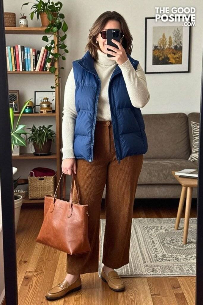 Cobalt Blue Longline Puffer Vest With Cream Turtleneck, Wide-Leg Cords, and Loafers