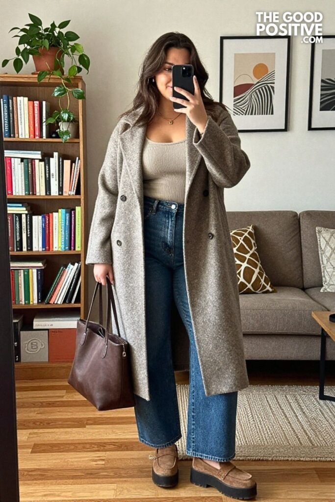 Cocoon Coat, Ribbed Tank, and Wide-Leg Jeans