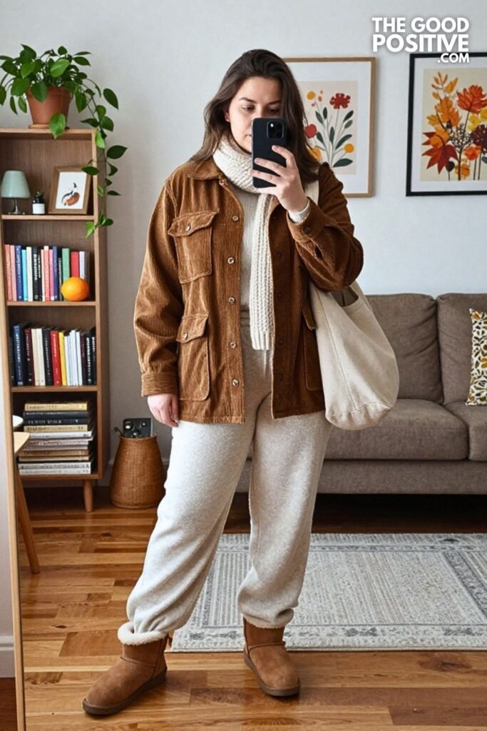 Corduroy Utility Jacket with Wide Sweatpants and Mini Ugg Boots