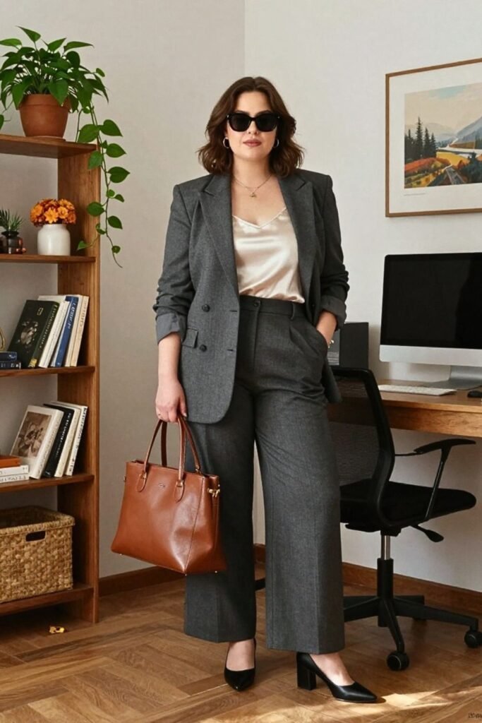 Corporate Power Move: Strong-Shoulder Blazer with Wide-Leg Trousers