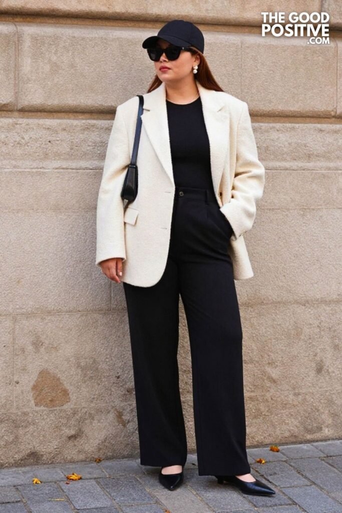 Cream Bouclé Blazer, Black Wide-Leg Pants, Pointed Toe Flats