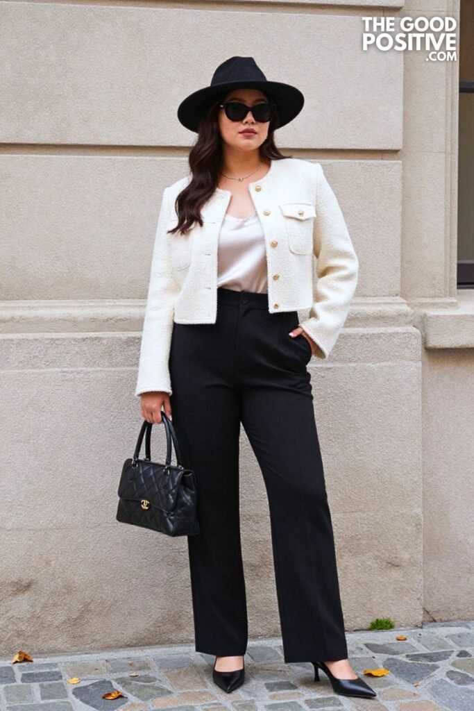 Cream Boucle Cropped Jacket, High Waist Trousers, Silk Camisole, and Slingback Heels