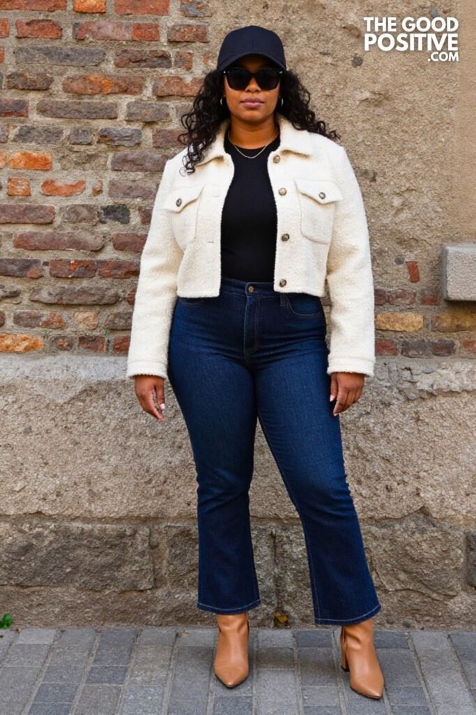 Cream Boucle Jacket, High-Waist Flared Jeans, Pointed Boots