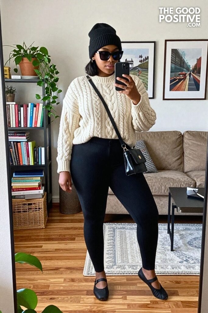 Cream Cable Knit Sweater, Stirrup Pants, and Ballet Flats