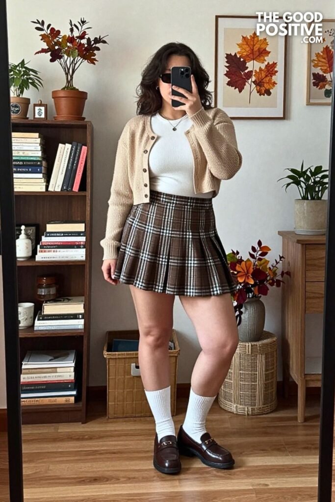 Cropped Cardigan, Plaid Mini Skirt, and Knee-High Socks
