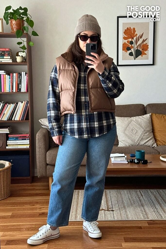 Cropped Puffer Vest, Flannel Shirt, and Jeans