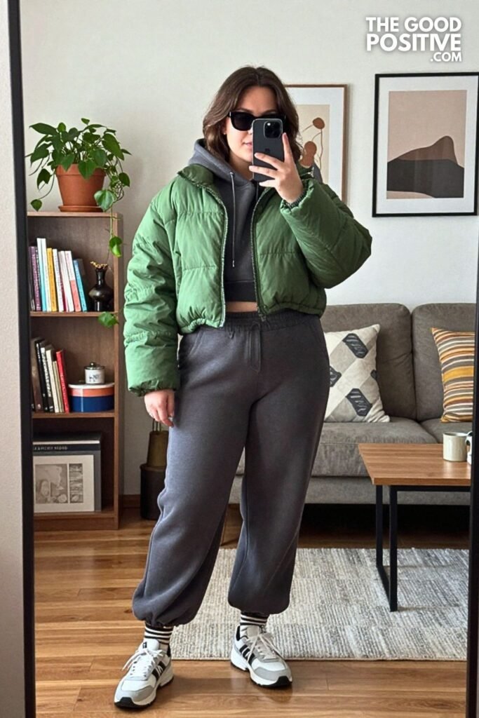 Cropped Puffer, Wide-Leg Sweatpants and Retro Sneakers
