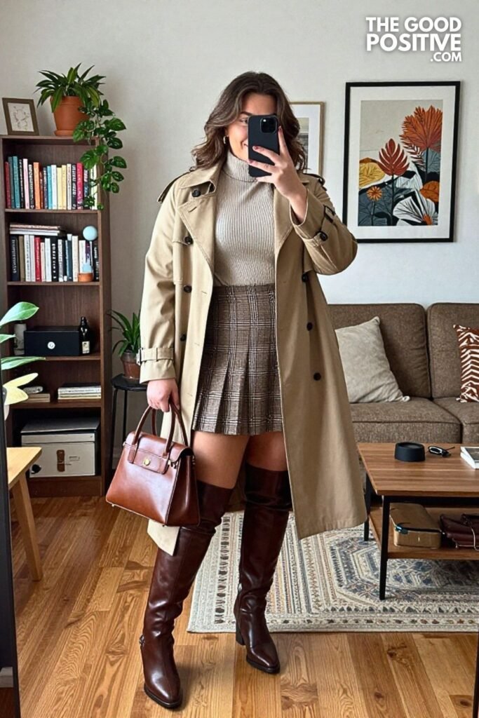 Cropped Trench, Pleated Mini Skirt, and Tall Leather Boots