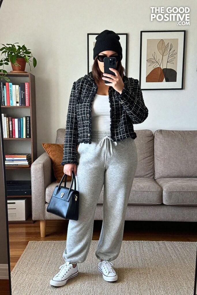 Cropped Tweed Jacket, Sweatpants and White Sneakers