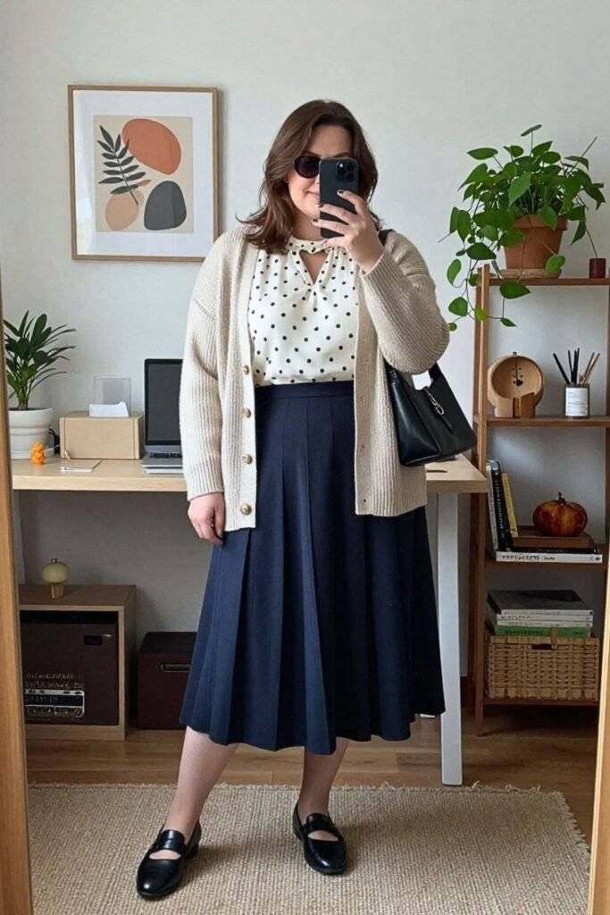 Polka Dot Blouse with Cardigan and Midi Skirt